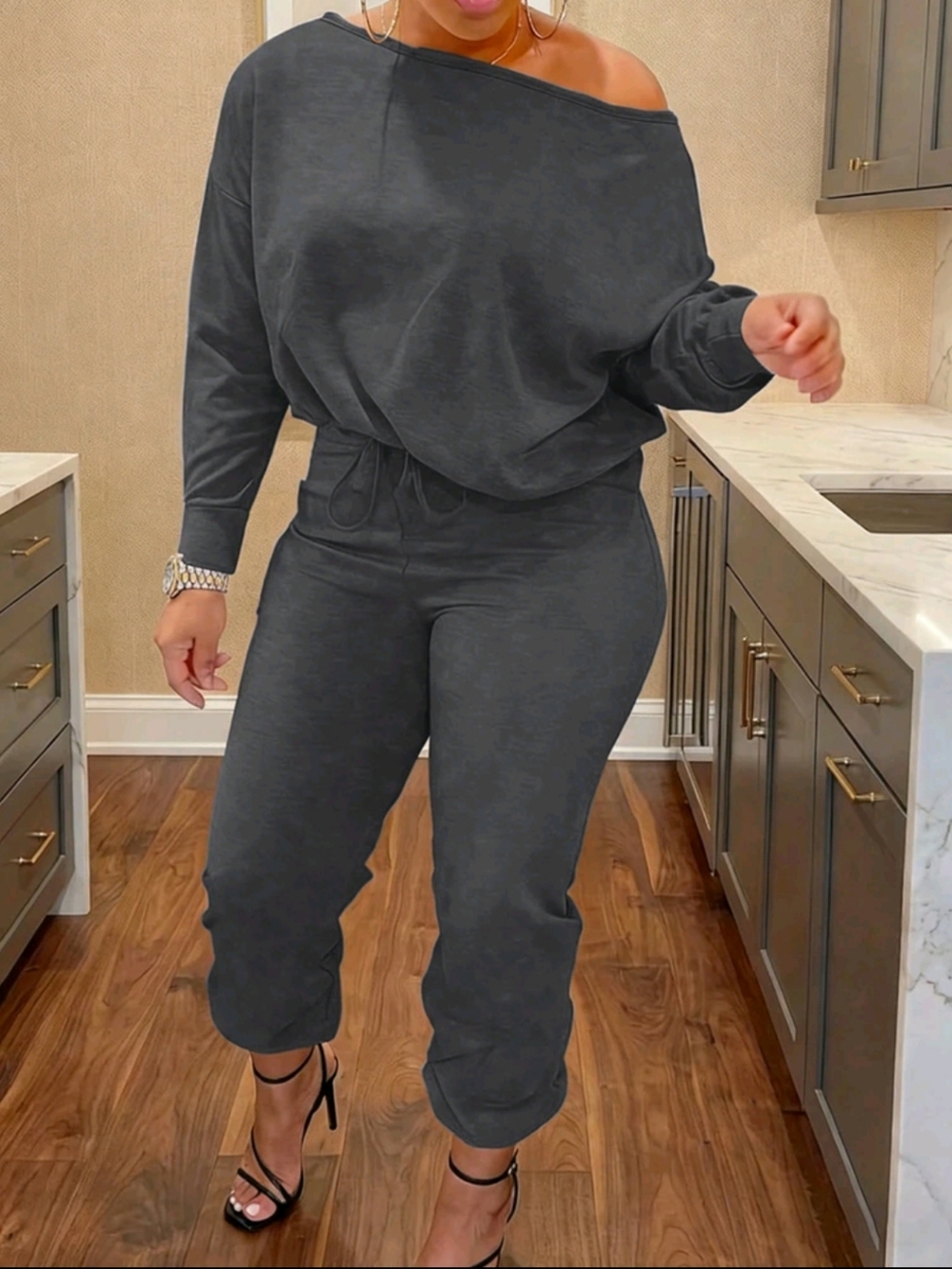 Charcoal Gray Classy Off Shoulder - Comfortable Casual Set Sizes 12 & 18